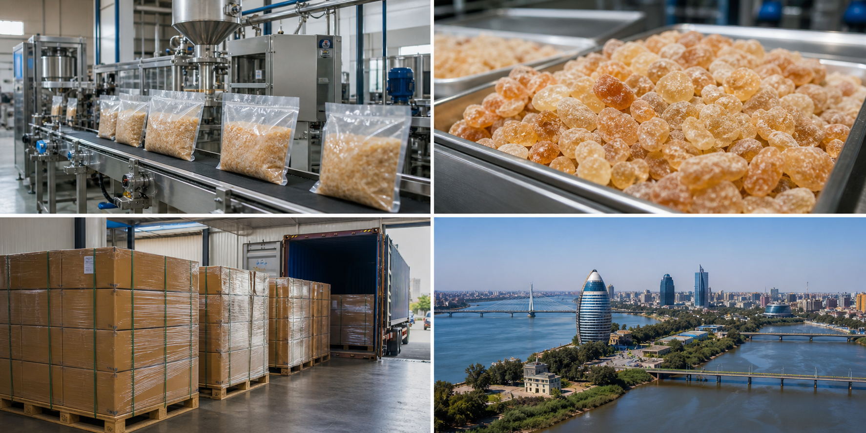 Food processing, gum Arabic, export logistics, and Sudan city views